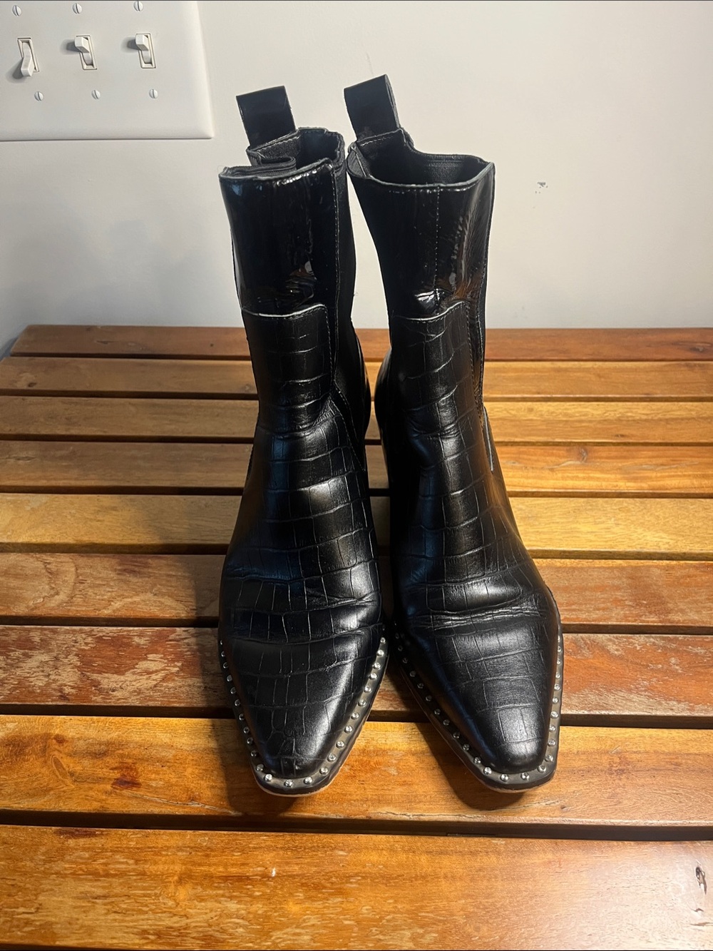 Dolce Vita Black Croc-Embossed Pointed Toe Studded Ankle Boots